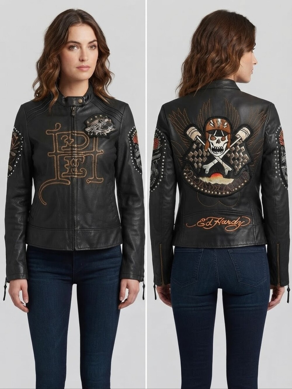 Ed Hardy Embroidered Leather Moto Jacket